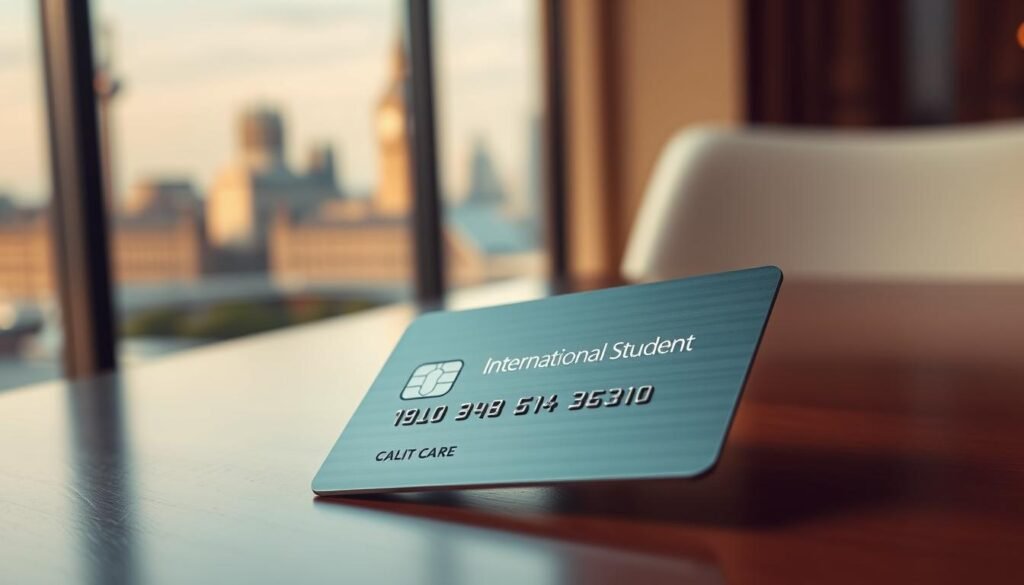 A sleek, minimalist credit card lying on a polished wooden table, reflecting the soft, warm light from an unseen lamp. The card's surface has a subtle metallic sheen, with the international student logo prominently displayed. In the background, a blurred cityscape of London's iconic skyline, hinting at the global reach and cosmopolitan nature of the financial product. The composition emphasizes the card's elegant design and the sense of sophistication and financial empowerment it conveys to the prospective student user.