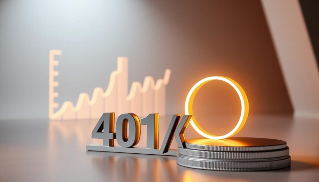 A sleek, modern 401(k) retirement account surrounded by a glowing Roth 401(k) halo. The 401(k) sits prominently in the foreground, its metallic surface reflecting the soft, diffused lighting from above. In the middle ground, a stylized financial graph and charts visualize the growth potential of these workplace savings plans. The background is a minimalist, gradient-filled environment, lending an air of professionalism and authority to the scene. The overall composition conveys the power and versatility of these top retirement savings vehicles.