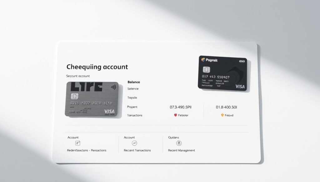A sleek, modern chequing account with a minimalist design, showcased against a clean, white background. The account details are presented in a clear, legible font, with a debit card prominently displayed. The layout features distinct sections for balance, recent transactions, and account management options. Subtle metallic accents and a soft, diffused lighting create a sophisticated, professional atmosphere, conveying the reliability and trustworthiness of a student-friendly banking solution.