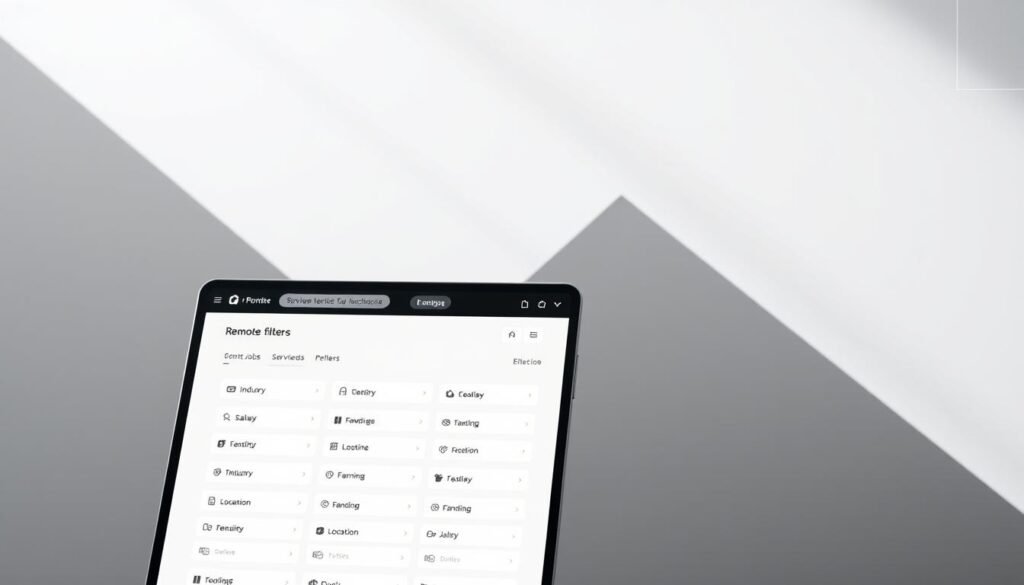 A sleek, modern digital interface featuring a service directory of remote job filters for young professionals in the UK. The foreground showcases a clean grid layout with intuitive filter options - job type, industry, salary range, location, and more. The middle ground highlights visually engaging icons and micro-interactions to enhance the user experience. The background has a minimalist, monochromatic aesthetic with subtle geometric patterns, conveying a sense of sophistication and efficiency. The lighting is soft and directional, creating depth and emphasizing the directory's functionality. The camera angle is slightly elevated to provide an overview of the comprehensive job search tool.