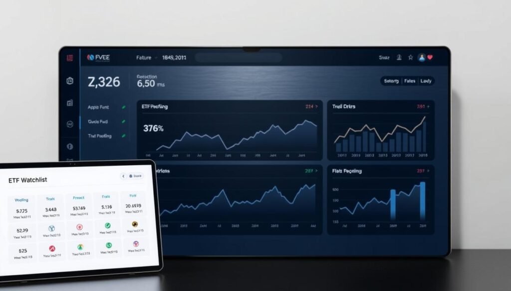 A sleek, modern financial dashboard against a muted backdrop. In the foreground, a clean interface showcases a curated "ETF Watchlist" - a selection of high-performing exchange-traded funds represented by elegant icons. The middle ground features interactive graphs and charts, providing insights into the funds' historical performance and future growth potential. The background has a subtle texture, like brushed metal or minimalist geometric patterns, conveying a sense of professionalism and authority. Soft, directional lighting casts an aura of thoughtfulness and precision, inviting the viewer to explore the data and make informed investment decisions.