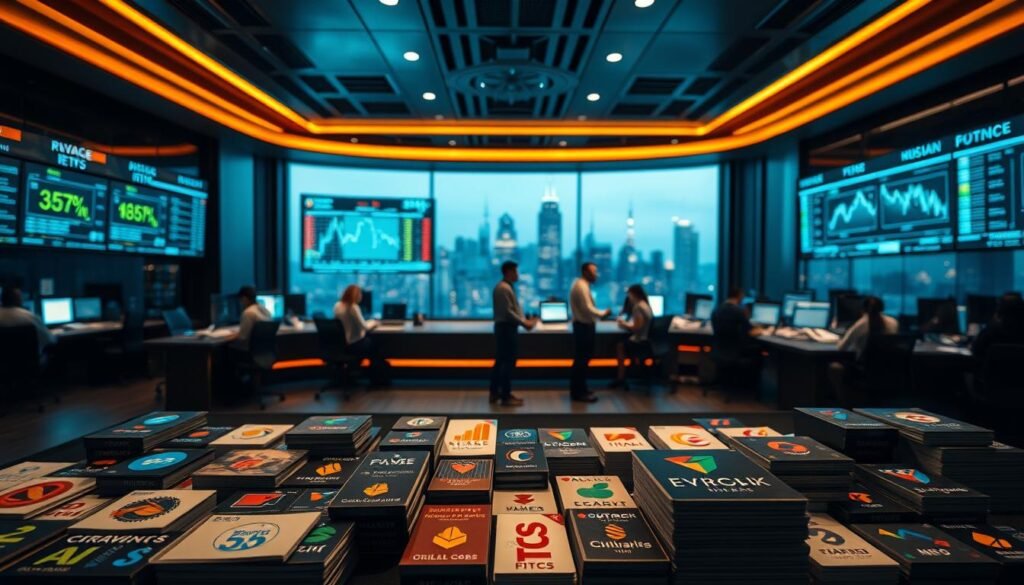 A sleek, modern financial trading floor, dimly lit with warm, focused lighting. In the foreground, a collection of various exchange-traded funds (ETFs) are neatly displayed, their colorful logos and symbols reflecting off the glossy, polished surfaces. The middle ground features a large, interactive display screen showcasing performance data and charts, with financial analysts intently studying the information. In the background, a panoramic view of a bustling city skyline, representing the global interconnectedness of the financial markets. The overall atmosphere conveys a sense of strategic decision-making, financial acumen, and the importance of ETFs in a well-diversified 2026 portfolio.