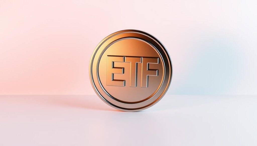A sleek, modern illustration of a single exchange-traded fund (ETF) against a clean, minimalist background. The ETF is presented as a shiny, three-dimensional object with a metallic finish, capturing the idea of a "set and forget" investment solution. The lighting is soft and diffused, creating a sense of sophistication and wealth. The composition places the ETF as the focal point, with the background fading into a soft, gradient-based color palette that complements the ETF's metallic tones. The overall mood is one of simplicity, elegance, and long-term growth potential.