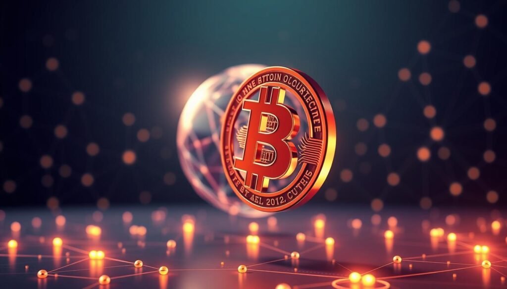 A sleek, modern illustration of cryptocurrency basics. In the foreground, a shiny, metallic Bitcoin symbol hovers, casting a warm, ambient glow. In the middle ground, a low-poly wireframe globe slowly rotates, symbolizing the global, decentralized nature of digital currencies. In the background, a network of interconnected nodes and blockchain-inspired geometric patterns pulsate with a soft, holographic shimmer, hinting at the underlying technology. The overall mood is one of sophistication, innovation, and technological progress, perfectly capturing the essence of cryptocurrency for a student audience.