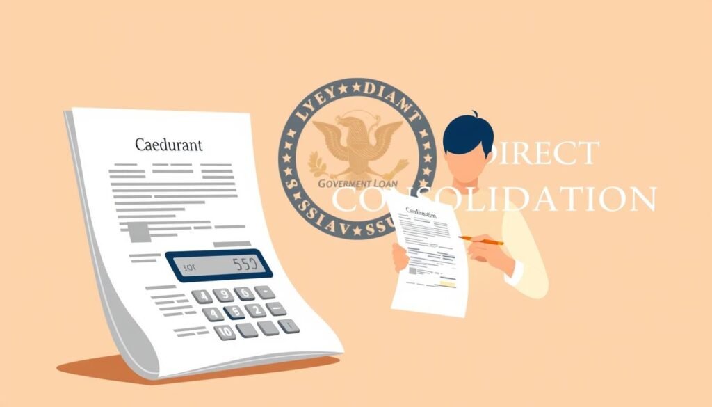 A sleek, modern illustration of the federal Direct Consolidation process. In the foreground, a student loan document and calculator, conveying the financial aspects. In the middle ground, a person reviewing and signing the consolidation paperwork, representing the user experience. The background features the government seal and elegant typography, emphasizing the official nature of the process. Warm, soft lighting casts a professional, authoritative tone, while a minimalist, clean design aesthetic keeps the focus on the core elements. The overall composition aims to clearly and concisely depict the key steps and components of the federal Direct Consolidation, as described in the section title.