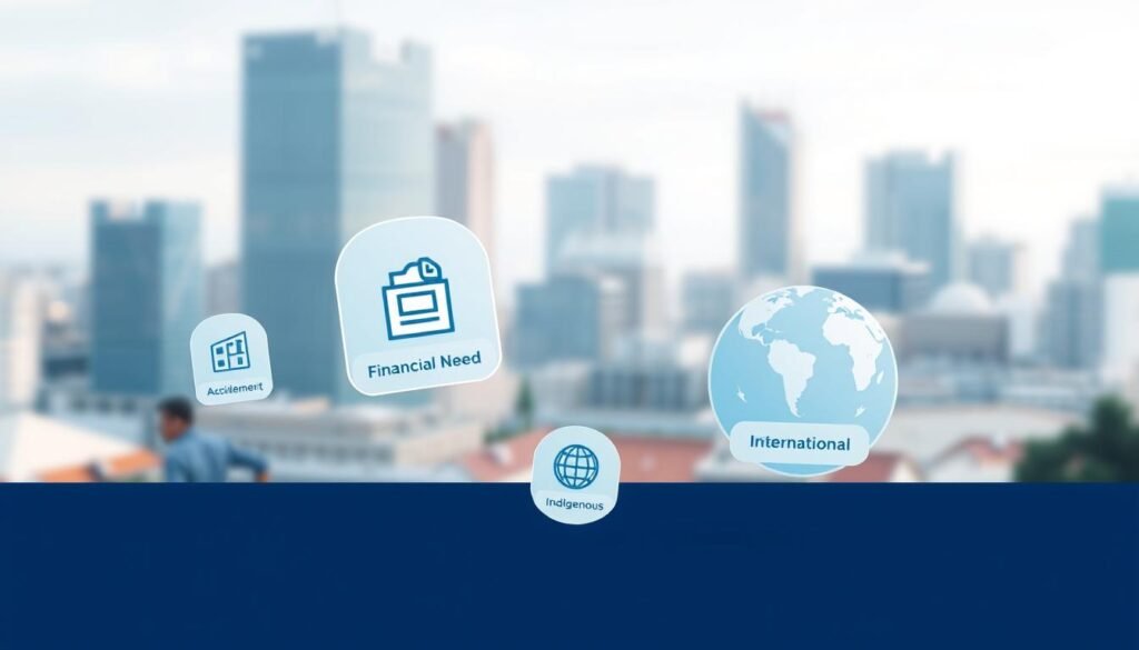 A sleek, modern illustration showcasing various scholarship categories for finance undergraduate studies in Australia. A minimalist, geometric layout with crisp lines and a clean color palette of blues, grays, and whites. In the foreground, distinct category icons and labels like "Academic Achievement", "Financial Need", "Indigenous", and "International" float in a visually arresting composition. The middle ground features subtle gradient backgrounds, lending depth and emphasizing the categories. The background is a softly blurred, out-of-focus cityscape, hinting at the urban Australian setting. Thoughtful use of lighting creates a sense of depth and draws the viewer's eye to the focal points. Overall, a sophisticated, informative, and visually compelling image to highlight finance undergraduate scholarship opportunities in Australia.