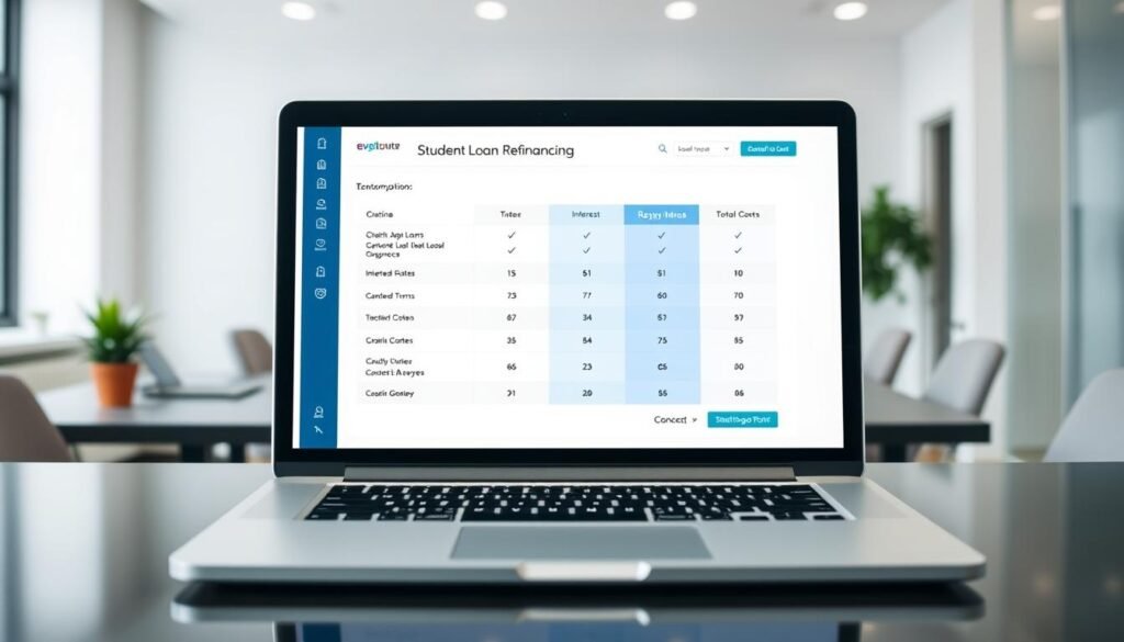 A sleek, modern loan comparison tool displayed on a laptop screen, set against a clean, minimalist office backdrop. The tool features a straightforward interface with intuitive controls, allowing the user to easily input and compare various loan options, including interest rates, repayment terms, and total costs. The display is sharp and well-lit, creating a sense of clarity and professionalism. The overall scene conveys a sense of efficiency and confidence, reflecting the subject matter of securing better terms for student loan refinancing.