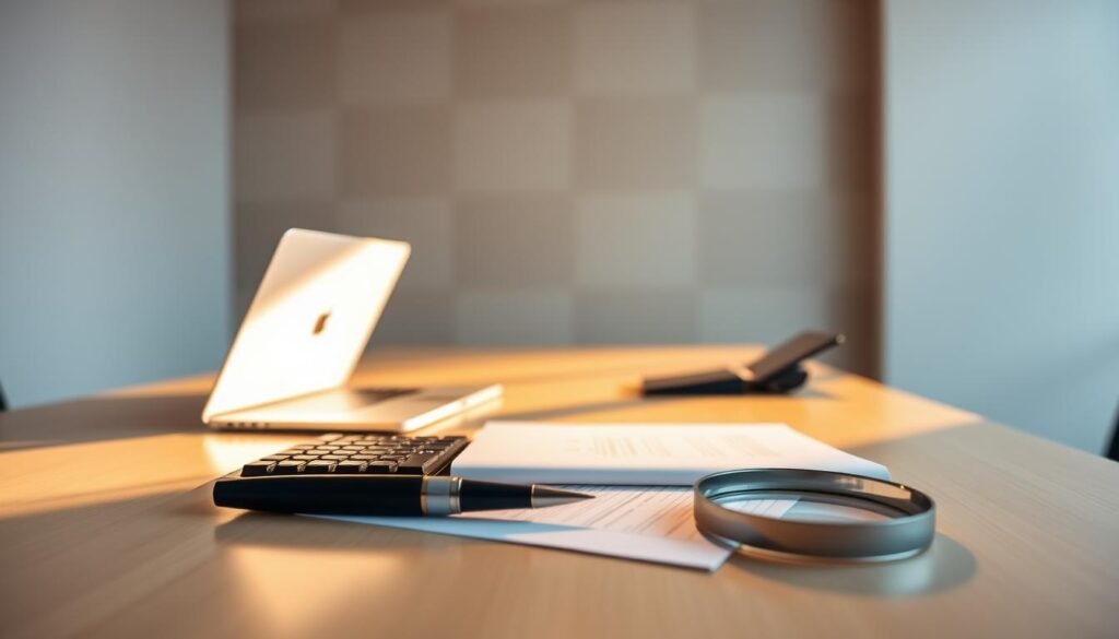 A sleek, modern office desk with a laptop, calculator, and a stack of documents. The desk is illuminated by warm, directional lighting, casting soft shadows and creating a focused, professional atmosphere. In the foreground, a pen and a magnifying glass rest on the documents, emphasizing the attention to detail required for financial decisions. The background features a minimalist, geometric wall design in neutral tones, further enhancing the clean, streamlined aesthetic. The overall composition conveys the concepts of stability, precision, and informed decision-making associated with fixed interest rates for student loan refinancing.