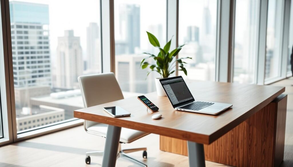 A sleek, modern office interior with large windows providing ample natural lighting. On a wooden desk, a smartphone, tablet, and laptop are neatly arranged, showcasing various investment and trading apps. The desk is complemented by a minimalist, contemporary chair and a potted plant, creating a professional yet relaxed atmosphere. The background features a cityscape through the windows, hinting at the broader financial landscape. The overall scene conveys a sense of productivity, technology, and the tools available for savvy student investors to navigate the stock market.