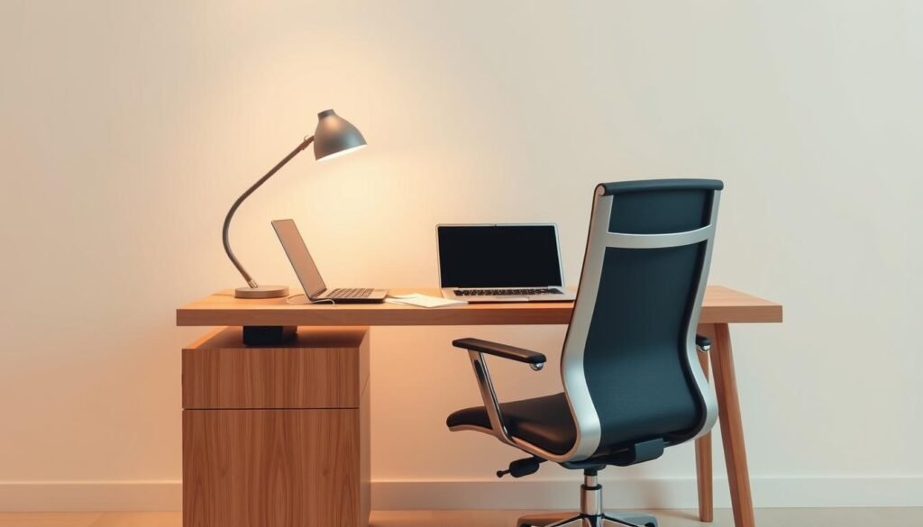 A sleek, modern office setting with a wooden desk and ergonomic chair. On the desk, a laptop, some paperwork, and a calculator, symbolizing the financial tasks at hand. The background features a clean, minimalist wall with a geometric pattern, creating a sense of order and cohesion. Warm, directional lighting illuminates the scene, highlighting the organized and focused atmosphere. The overall composition conveys the idea of consolidating financial information, streamlining processes, and gaining control over one's financial situation.