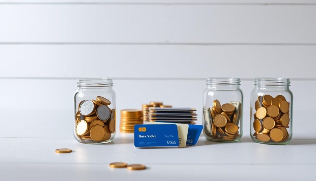 A sleek, modern tabletop arrangement showcasing a selection of high-yield savings account options. In the foreground, three glass jars filled with gold coins and dollar bills, symbolizing the lucrative returns. In the middle ground, several stylized bank cards and financial documents neatly arranged, conveying the ease of account management. The background features a minimalist, white-washed wooden surface, creating a clean, professional atmosphere. Soft, diffused lighting casts a warm glow over the scene, highlighting the financial products. The overall composition conveys a sense of reliability, accessibility, and the potential for significant savings growth.