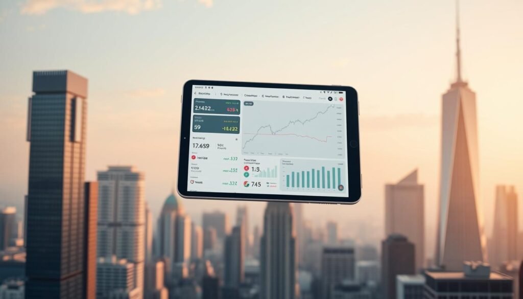 A sleek, modern trading app interface floating amidst a dynamic cityscape, showcasing curated stock picks and market data visualizations. The foreground features a tablet-like device displaying stock tickers, charts, and investment insights in a clean, minimalist UI. The middle ground includes skyscrapers and urban landmarks rendered in soft, muted tones, suggesting a bustling financial district. Warm, diffused lighting casts an aura of sophistication, while a subtle depth of field effect draws the viewer's attention to the central app display. The overall atmosphere conveys a sense of accessible, yet professional financial guidance for novice investors.