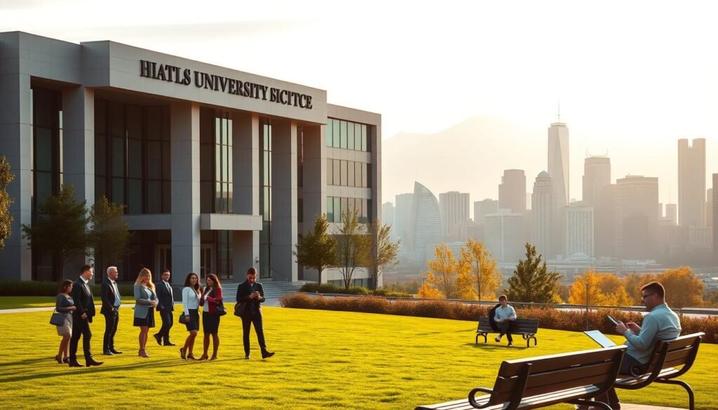 A sleek, modern university campus building with a prominent entrance and signage. In the foreground, several students in business attire stand in front of the building, engaged in friendly conversation. The middle ground features a green lawn and well-manicured landscaping, with a few benches where additional students are seated, reviewing documents or using laptops. The background showcases a vibrant city skyline, hinting at the urban professional opportunities available to MBA scholarship recipients. Warm, golden lighting illuminates the scene, conveying a sense of opportunity and success. The overall atmosphere is one of academic excellence, community, and the promise of a bright future.