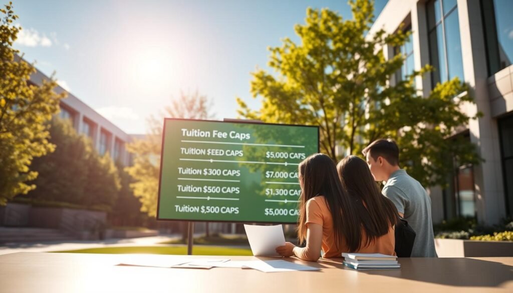 A sleek, modern university campus building with clean lines and large windows, set against a backdrop of lush green trees and a clear blue sky. In the foreground, a group of students gathered around a desk, discussing financial documents and loan application forms. The lighting is bright and warm, creating a sense of optimism and opportunity. The scene conveys the idea of accessible, affordable education, with the tuition fee caps prominently displayed on a digital screen or projection behind the students. The overall atmosphere is one of collaboration, guidance, and the promise of a bright future. A sleek, modern university campus building with clean lines and large windows, set against a backdrop of lush green trees and a clear blue sky. In the foreground, a group of students gathered around a desk, discussing financial documents and loan application forms. The lighting is bright and warm, creating a sense of optimism and opportunity. The scene conveys the idea of accessible, affordable education, with the tuition fee caps prominently displayed on a digital screen or projection behind the students. The overall atmosphere is one of collaboration, guidance, and the promise of a bright future.