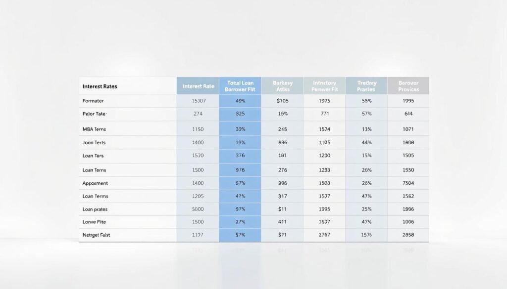 A sleek, professional-looking table with rows of lender information prominently displayed against a clean, minimalist background. The table's rows showcase key details like interest rates, loan terms, and borrower fit for the top student loan providers in the MBA USA market. Subtle gridlines and well-organized columns create a sense of structure and clarity. Neutral tones of white, gray, and blue evoke a modern, trustworthy aesthetic. Carefully balanced lighting casts an even glow across the table, highlighting the pertinent data. The overall composition conveys an authoritative, informative tone to assist readers in comparing lender options at a glance.