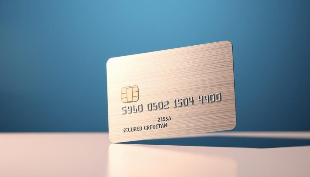 A sleek, secured credit card rests on a clean, white surface, casting a subtle shadow. The card's metallic finish reflects a warm, indirect lighting, creating a sense of sophistication and reliability. In the background, a blurred gradient of soft blues and grays evokes a professional, institutional atmosphere, symbolizing the security and stability of the financial system. The card is positioned at a slight angle, drawing the viewer's eye towards its essential features - the chip, embossed numbers, and discreet branding, showcasing the key elements that matter for a secured credit card.