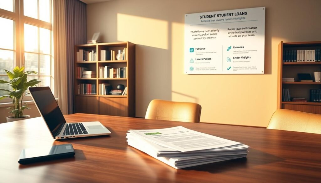 A sophisticated office interior with a large wooden desk, a laptop, and a stack of documents representing student loan refinancing paperwork. The scene is bathed in warm, golden lighting from a large window, casting a soft glow over the desk and creating a calming, professional atmosphere. In the background, a bookshelf filled with finance-related books and a wall-mounted display showcasing current refinance rates and lender highlights. The overall composition emphasizes the process of refinancing student loans, conveying a sense of financial responsibility and informed decision-making. A sophisticated office interior with a large wooden desk, a laptop, and a stack of documents representing student loan refinancing paperwork. The scene is bathed in warm, golden lighting from a large window, casting a soft glow over the desk and creating a calming, professional atmosphere. In the background, a bookshelf filled with finance-related books and a wall-mounted display showcasing current refinance rates and lender highlights. The overall composition emphasizes the process of refinancing student loans, conveying a sense of financial responsibility and informed decision-making.