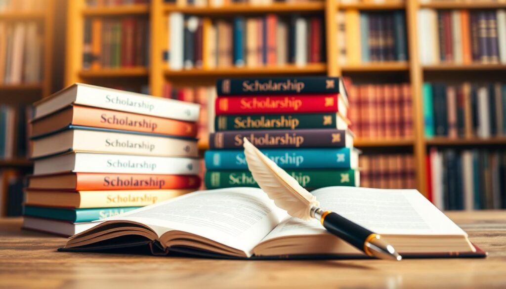 A stack of colorful books against a backdrop of a cozy library, the spines adorned with the word "Scholarship". In the foreground, a quill pen and an open notebook with the title "Top online business scholarships you can pursue today". Warm, soft lighting illuminates the scene, creating a serene and inviting atmosphere. The camera angle is slightly elevated, giving a sense of authority and importance to the educational materials. The overall composition conveys a feeling of opportunity, knowledge, and the potential for academic and professional growth.