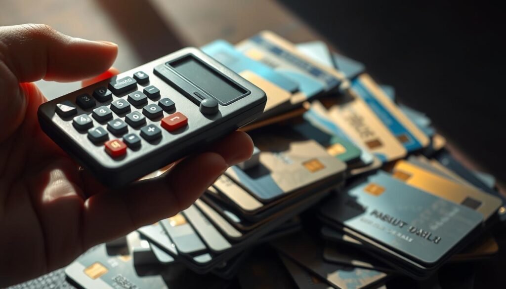 A stack of credit cards piled haphazardly, their metallic surfaces gleaming under harsh, directional lighting. In the foreground, a hand holds a calculator, its digital display revealing a daunting sum. The background is blurred, creating a sense of focus and urgency, with the cards casting long shadows that convey the overwhelming burden of debt. The overall mood is one of financial stress and unease, reflecting the difficult reality of managing credit card obligations. A stack of credit cards piled haphazardly, their metallic surfaces gleaming under harsh, directional lighting. In the foreground, a hand holds a calculator, its digital display revealing a daunting sum. The background is blurred, creating a sense of focus and urgency, with the cards casting long shadows that convey the overwhelming burden of debt. The overall mood is one of financial stress and unease, reflecting the difficult reality of managing credit card obligations.