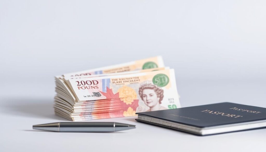 A stack of crisp, colorful British pound notes neatly arranged against a clean, light gray background. The bills are illuminated by a soft, directional light source, casting subtle shadows and highlights that accentuate their textures and hues. In the foreground, a stainless steel pen and a passport with the cover open, subtly implying the connection between financial resources and the student visa application process. The overall composition evokes a sense of organization, preparedness, and the importance of managing one's finances for a successful international study experience in the UK.