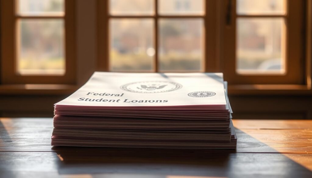 A stack of official-looking documents with a seal and the text "Federal Student Loans" prominently displayed. The documents are placed on a wooden desk against a backdrop of a warm, sunlit window, casting a soft glow. The scene conveys a sense of importance and credibility, reflecting the significance of federal student loans as a crucial financial option for education.