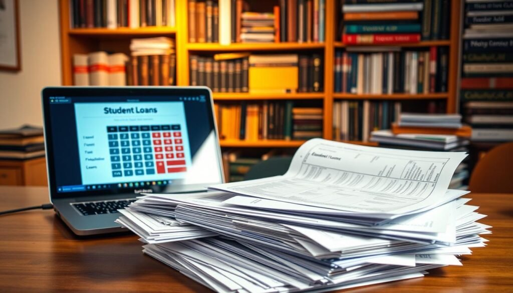 A stack of paperwork and documents representing federal student loans in the United States. In the foreground, a pile of application forms, loan statements, and brochures, neatly organized on a wooden desk. The middle ground features a laptop displaying a loan calculator, with a focused beam of light illuminating the screen. In the background, a bookshelf filled with financial aid guides and student loan resources, casting a warm, authoritative glow. The overall atmosphere conveys a sense of diligence, responsibility, and the importance of understanding the complexities of federal student loans.
