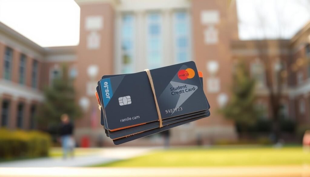 A stack of student credit cards against a blurred background of a college campus. The cards are held together with a rubber band, showcasing their modern, sleek designs with various logos and branding. The lighting is soft and diffused, creating a warm, inviting atmosphere that emphasizes the importance of financial responsibility and building credit during the college years. The scene is captured from a slightly low angle, giving the viewer a sense of the cards' significance in the student's financial journey.