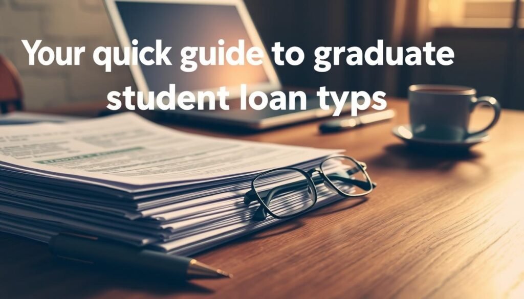 A stack of student loan documents on a wooden desk, illuminated by warm, soft lighting from the side. In the foreground, a pen and glasses sit next to the paperwork, suggesting a studious, analytical atmosphere. The middle ground features a laptop and a cup of coffee, hinting at the research and planning involved in managing graduate student loans. The background is slightly blurred, focusing the viewer's attention on the essential financial details. The overall scene conveys a sense of responsibility, diligence, and the weight of educational debt, setting the stage for the "Your quick guide to graduate student loan types" section.