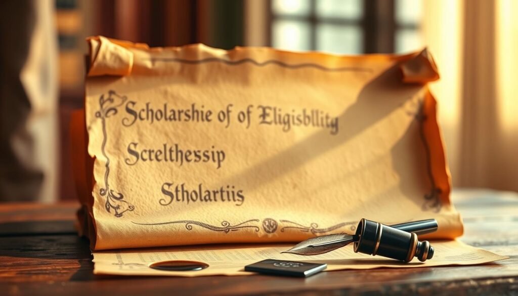 A striking and elegant illustration of scholarship eligibility, showcasing an intricate, scrolled parchment document against a softly blurred background. The parchment is illuminated by warm, natural lighting, casting subtle shadows and highlights that accentuate its textured surface. The document's borders are adorned with ornate, calligraphic flourishes, hinting at the prestige and formality of the scholarship opportunity. In the foreground, a quill pen and a small pool of ink sit beside the parchment, suggesting the thoughtful, scholarly process of applying for the scholarship. The overall composition evokes a sense of academic tradition, opportunity, and the meaningful pursuit of higher education.