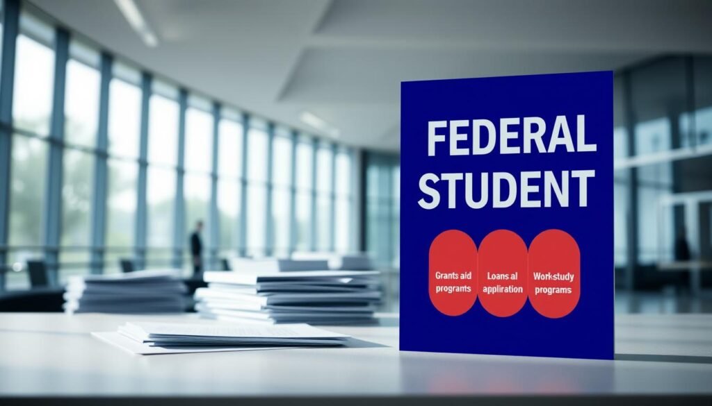 A striking visual representation of federal student aid, captured in a clean, modern aesthetic. In the foreground, a stylized graphic depicts the key components of federal aid - grants, loans, and work-study programs - rendered in a bold, minimalist style. The midground features an array of financial documents and forms, symbolizing the application and administrative process, while the background showcases a sleek, contemporary university or college campus, hinting at the educational context. Soft, diffused lighting creates a sense of professionalism and authority, while the overall composition conveys a sense of clarity, accessibility, and the empowering nature of federal student aid.
