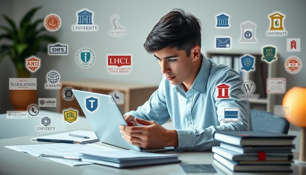 A student intently scrolling through a laptop, surrounded by a collage of university logos, scholarship icons, and award certificates on a clean, well-lit desk. The scene has a sense of focus and determination, with soft, directional lighting highlighting the student's concentrated expression. The middle ground features neatly organized documents and brochures, conveying a sense of research and comparison. The background subtly blurs, drawing attention to the central figure and the task at hand - searching and evaluating student awards across various institutions. A student intently scrolling through a laptop, surrounded by a collage of university logos, scholarship icons, and award certificates on a clean, well-lit desk. The scene has a sense of focus and determination, with soft, directional lighting highlighting the student's concentrated expression. The middle ground features neatly organized documents and brochures, conveying a sense of research and comparison. The background subtly blurs, drawing attention to the central figure and the task at hand - searching and evaluating student awards across various institutions.
