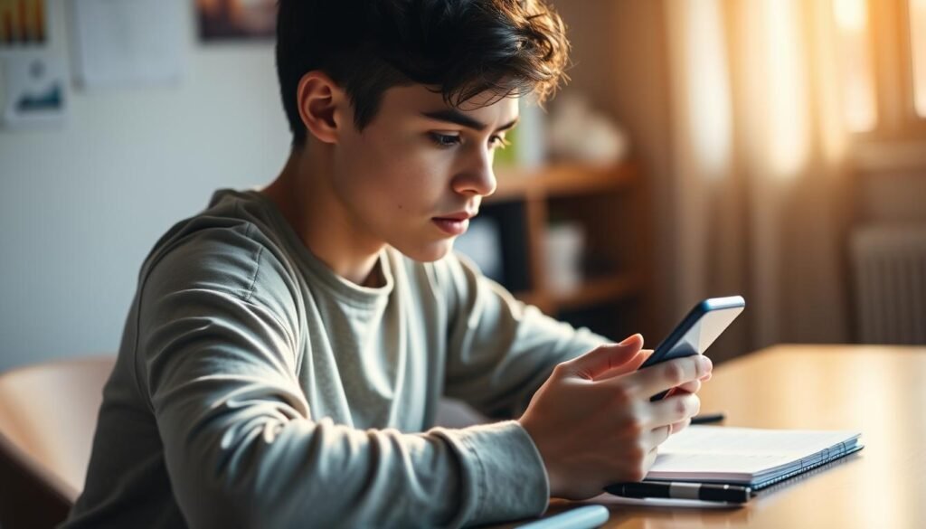 A student sits at a desk, intently focused on their smartphone screen. The scene is illuminated by a warm, natural light filtering through a nearby window, casting a gentle glow on the student's face. The smartphone's display shows a budgeting app, with colorful charts and graphs tracking the student's spending and savings. The desk is neatly organized, with a notebook, pen, and a few other study materials nearby, conveying a sense of diligence and financial responsibility. The background is blurred, emphasizing the student's concentration on the task at hand - mastering the art of quick and effective budgeting to save money. A student sits at a desk, intently focused on their smartphone screen. The scene is illuminated by a warm, natural light filtering through a nearby window, casting a gentle glow on the student's face. The smartphone's display shows a budgeting app, with colorful charts and graphs tracking the student's spending and savings. The desk is neatly organized, with a notebook, pen, and a few other study materials nearby, conveying a sense of diligence and financial responsibility. The background is blurred, emphasizing the student's concentration on the task at hand - mastering the art of quick and effective budgeting to save money.