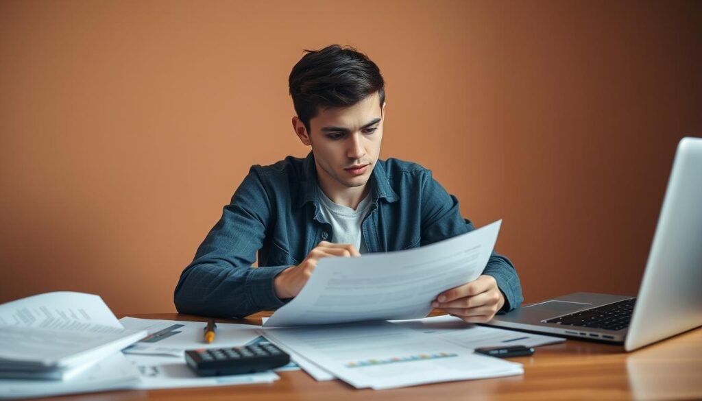 A student sitting at a desk, poring over financial documents, with a pensive expression. The desk is cluttered with papers, a laptop, and a calculator, reflecting the complexity of student loan refinancing without a cosigner. The background is a warm, muted tone, creating a contemplative atmosphere. Soft, directional lighting illuminates the student's face, highlighting their determination. The composition is balanced, with the student positioned centrally, conveying the importance of this financial decision. The overall scene evokes a sense of thoughtfulness and self-reliance, alluding to the potential challenges and opportunities of refinancing student loans without a cosigner. A student sitting at a desk, poring over financial documents, with a pensive expression. The desk is cluttered with papers, a laptop, and a calculator, reflecting the complexity of student loan refinancing without a cosigner. The background is a warm, muted tone, creating a contemplative atmosphere. Soft, directional lighting illuminates the student's face, highlighting their determination. The composition is balanced, with the student positioned centrally, conveying the importance of this financial decision. The overall scene evokes a sense of thoughtfulness and self-reliance, alluding to the potential challenges and opportunities of refinancing student loans without a cosigner.