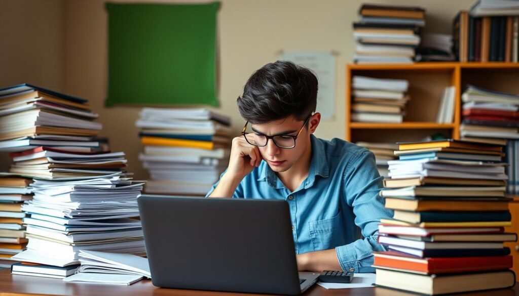 A student sitting at a desk, studying intently, surrounded by stacks of books and papers representing the burden of student loans. A laptop and calculator on the desk, a furrowed brow, and a pensive expression, conveying the stress and financial strain of navigating the complex world of federal loan forgiveness programs for teachers in the USA. The room is well-lit, with warm tones and a sense of focused concentration, highlighting the determination and perseverance required to achieve this goal.
