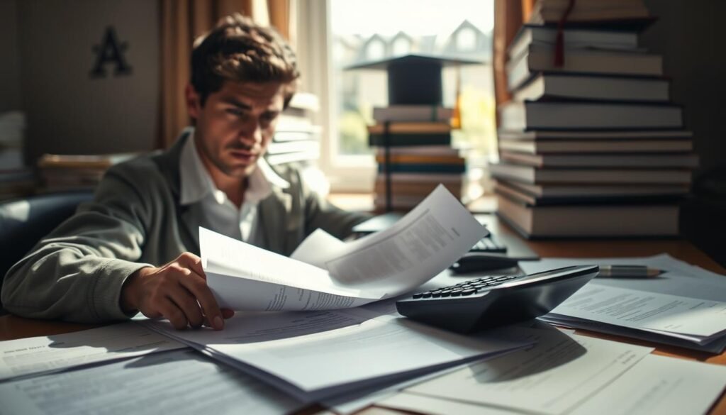 A student's desk, cluttered with loan documents, calculator, and a worried expression. Soft, natural lighting casts shadows across the papers, conveying the weight of financial burden. In the background, a towering stack of textbooks and a framed diploma, symbols of academic achievement tainted by looming debt. The scene evokes a sense of concern and the need to understand the complexities of federal, provincial, and private student loans before seeking consolidation options. A contemplative, almost somber mood pervades the image, inviting the viewer to empathize with the challenges faced by indebted graduates.