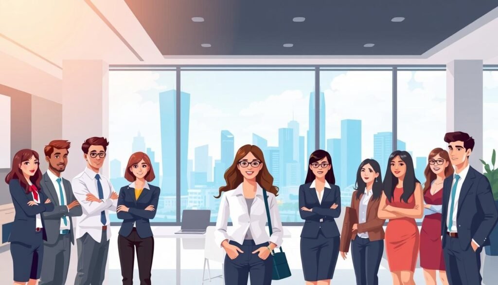 A stylized illustration depicting the average salary range for new Canadian business graduates. In the foreground, a group of diverse young professionals in business attire stand together, their expressions conveying a sense of optimism and potential. The middle ground features a sleek, modern office setting with clean lines and minimalist decor, subtly hinting at the corporate environment. In the background, a cityscape with towering skyscrapers and a vibrant skyline sets the scene, symbolizing the opportunities available to these graduates. Soft, warm lighting bathes the scene, creating an inviting and aspirational atmosphere. The overall composition aims to capture the spirit of achievement and the promising career prospects for Canada's newest business talents.