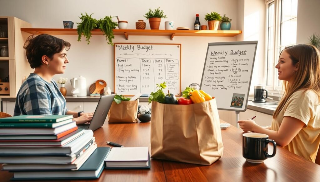 A sun-drenched campus kitchen, bustling with students gathered around a wooden table. In the foreground, a stack of textbooks, a laptop, and a grocery bag filled with basic ingredients. The middle ground showcases a whiteboard displaying a weekly budget plan, with handwritten notes and calculations. Behind, the kitchen countertops are adorned with a few potted plants, a blender, and a mug of steaming coffee, creating a cozy, productive atmosphere. The lighting is warm and natural, casting a soft glow on the scene. The camera angle is slightly elevated, capturing the students' engaged expressions as they discuss money-saving tips for their college lifestyle. A sun-drenched campus kitchen, bustling with students gathered around a wooden table. In the foreground, a stack of textbooks, a laptop, and a grocery bag filled with basic ingredients. The middle ground showcases a whiteboard displaying a weekly budget plan, with handwritten notes and calculations. Behind, the kitchen countertops are adorned with a few potted plants, a blender, and a mug of steaming coffee, creating a cozy, productive atmosphere. The lighting is warm and natural, casting a soft glow on the scene. The camera angle is slightly elevated, capturing the students' engaged expressions as they discuss money-saving tips for their college lifestyle.