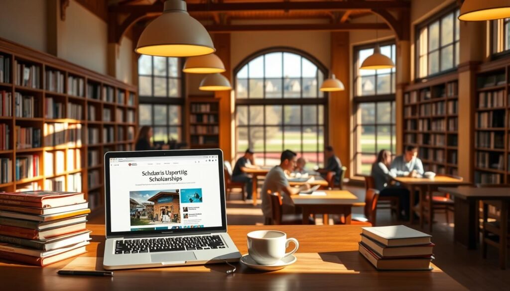 A sunny, inviting library interior with floor-to-ceiling bookshelves lining the walls. On a wooden desk in the foreground, a laptop displays a web page about scholarship opportunities, surrounded by stacks of books and a cup of coffee. Warm lighting from overhead lamps casts a cozy glow, while large windows in the background offer a view of a scenic campus quad. Students are seated at various tables, engaged in research and study. The overall atmosphere conveys a sense of academic focus and the resources available to discover valuable scholarships.