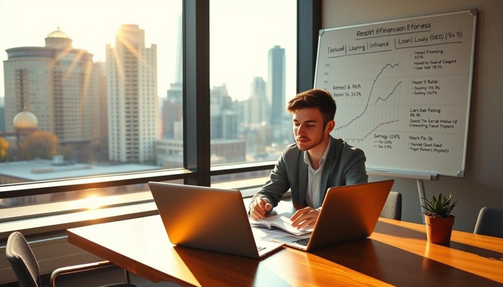 A sunny, modern office setting with a large window overlooking a bustling city skyline. In the foreground, a young professional sits at a desk, reviewing documents and comparing loan refinance options on a sleek laptop. Behind them, a whiteboard displays graphs and charts illustrating current interest rates and refinancing trends. Warm, indirect lighting casts a productive, analytical atmosphere, conveying the sense of carefully considering one's financial future. The overall scene suggests a thoughtful, informed decision-making process around student loan refinancing in the current economic climate. A sunny, modern office setting with a large window overlooking a bustling city skyline. In the foreground, a young professional sits at a desk, reviewing documents and comparing loan refinance options on a sleek laptop. Behind them, a whiteboard displays graphs and charts illustrating current interest rates and refinancing trends. Warm, indirect lighting casts a productive, analytical atmosphere, conveying the sense of carefully considering one's financial future. The overall scene suggests a thoughtful, informed decision-making process around student loan refinancing in the current economic climate.