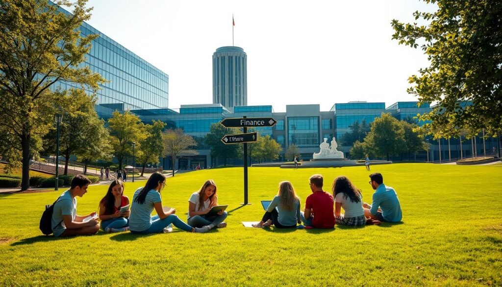 A sunny, well-lit university campus with a sprawling lawn and modern, glass-fronted buildings. In the foreground, a group of diverse undergraduate students sit together on the grass, their books and laptops open as they discuss their studies. In the middle ground, a signpost points towards various academic departments, including a prominent "Finance" arrow. In the background, a towering library building and a statue of the university's founder create a sense of academic prestige. The overall mood is one of focused learning, intellectual curiosity, and the promise of future success through higher education.