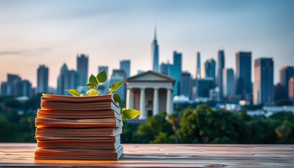 A tranquil financial landscape, a serene tableau of low-risk investment options. In the foreground, a stack of government bonds, their sturdy edges gleaming under the warm glow of soft lighting. Behind them, a line of high-quality dividend-paying stocks, their growth potential symbolized by verdant foliage. In the middle ground, a bank savings account, its digital interface radiating a sense of security and stability. In the distant background, a skyline of skyscrapers, a reminder of the bustling world of high-risk investments, contrasted by the calm and considered approach of the low-risk portfolio. The composition exudes a sense of prudence, stability, and long-term financial well-being.