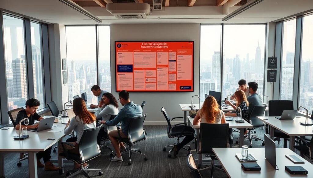 A tranquil, modern co-working space designed specifically for international students seeking finance scholarships in the USA. In the foreground, a diverse group of students collaborate at sleek desks, immersed in research and discussion. The middle ground features a vibrant interactive bulletin board displaying information on various scholarship opportunities, deadlines, and success stories. The background showcases floor-to-ceiling windows overlooking a picturesque cityscape, bathing the scene in warm, natural light. Ergonomic chairs, ample charging stations, and discrete signage create an inviting, productive atmosphere conducive to learning and networking. Overall, a welcoming, tech-savvy hub empowering international students to unlock their full potential.