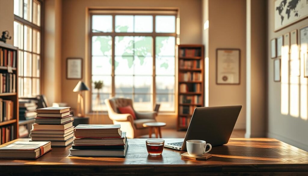 A tranquil study scene, bathed in warm, natural light streaming through large windows. In the foreground, a wooden desk adorned with stacks of books, a laptop, and a cup of tea, signifying the diligent pursuit of scholarly knowledge. The middle ground features a cozy reading nook, with a plush armchair and a bookshelf filled with tomes, hinting at the wealth of resources available. In the background, a world map and academic certificates on the walls, symbolizing the global reach and prestige of UK-based scholarships. The overall atmosphere exudes a sense of intellectual focus, determination, and the promise of academic excellence.