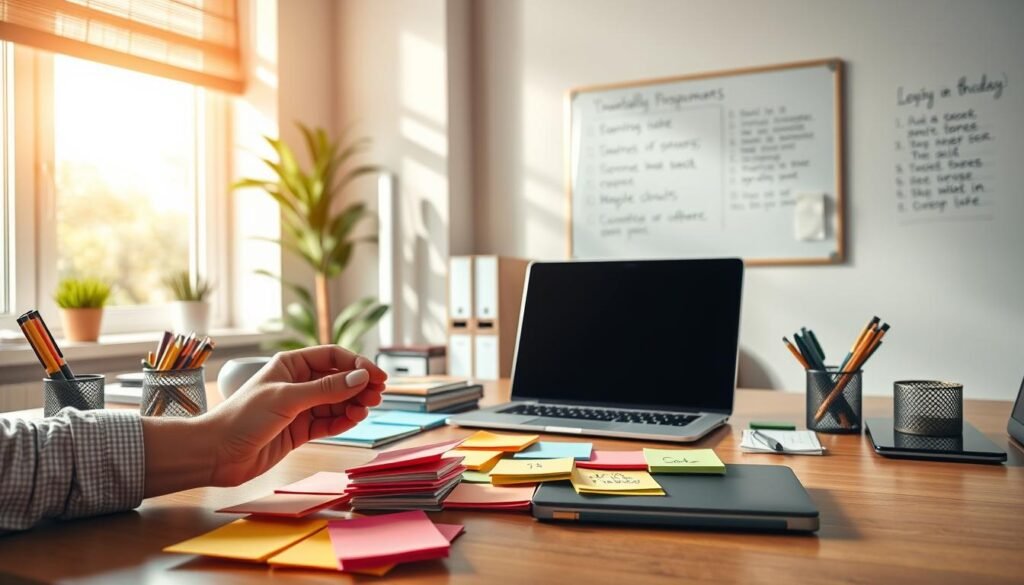 A tranquil, sun-dappled office setting, with a large desk showcasing a meticulously organized array of office supplies. In the foreground, a pair of hands thoughtfully arranging colorful sticky notes, representing carefully crafted goals and aspirations. The middle ground features a sleek laptop, symbolizing the tools to achieve those objectives. In the background, a wall-mounted whiteboard displays a neatly written to-do list, creating a sense of focus and determination. Warm, natural lighting filters through the window, imbuing the scene with a sense of optimism and clarity. The overall atmosphere conveys a balanced, methodical approach to setting and pursuing one's financial goals.