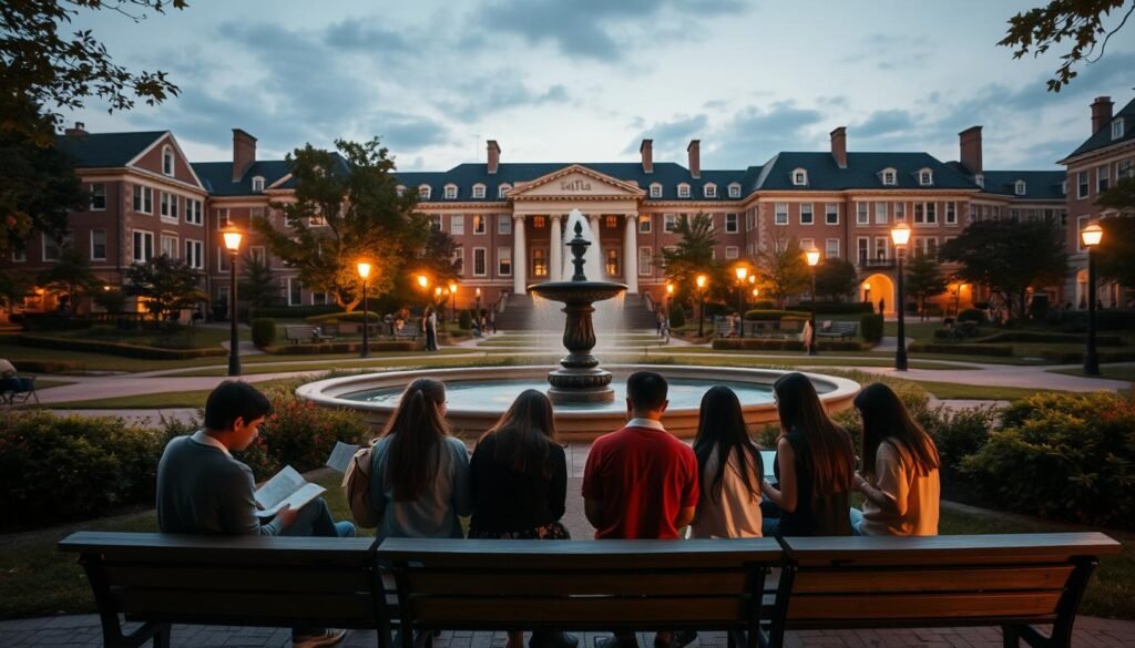 A university campus at dusk, with a central fountain surrounded by lush greenery and a backdrop of stately academic buildings. In the foreground, a group of students sit on benches, deep in discussion over open books and laptops, their faces illuminated by the warm glow of the streetlamps. The scene conveys a sense of intellectual pursuit, opportunity, and the transformative power of higher education, all elements of the scholarship experience. The lighting is soft and inviting, casting long shadows and creating a contemplative atmosphere. The composition draws the viewer's eye towards the center, where the focal point of the image, the fountain, symbolizes the flow of knowledge and the nurturing of academic ambition.
