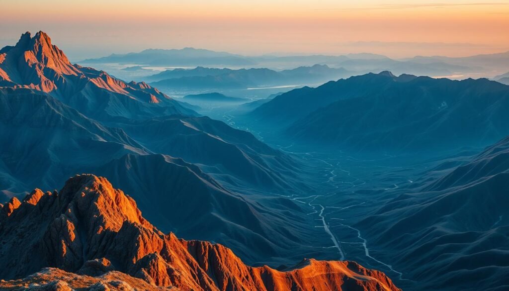 A vast landscape, a metaphor for the contrasting paths of leadership and technical expertise. In the foreground, a towering mountain range symbolizing the breadth of leadership skills - strategic vision, people management, decision-making. Bathed in warm, golden light, this peak represents the expansive, multifaceted nature of executive roles. Juxtaposed in the middle ground, a deep, shadowy valley evokes the technical depth required for specialist positions. Illuminated by cool, blue tones, this valley is filled with intricate, interconnected pathways - a maze of specialized knowledge and technical proficiency. The scene is captured through the lens of a wide-angle camera, emphasizing the vastness of the dichotomy between these two professional trajectories. The resulting image conveys the essence of the article's subject, inviting the viewer to contemplate the unique challenges and rewards of each career path.