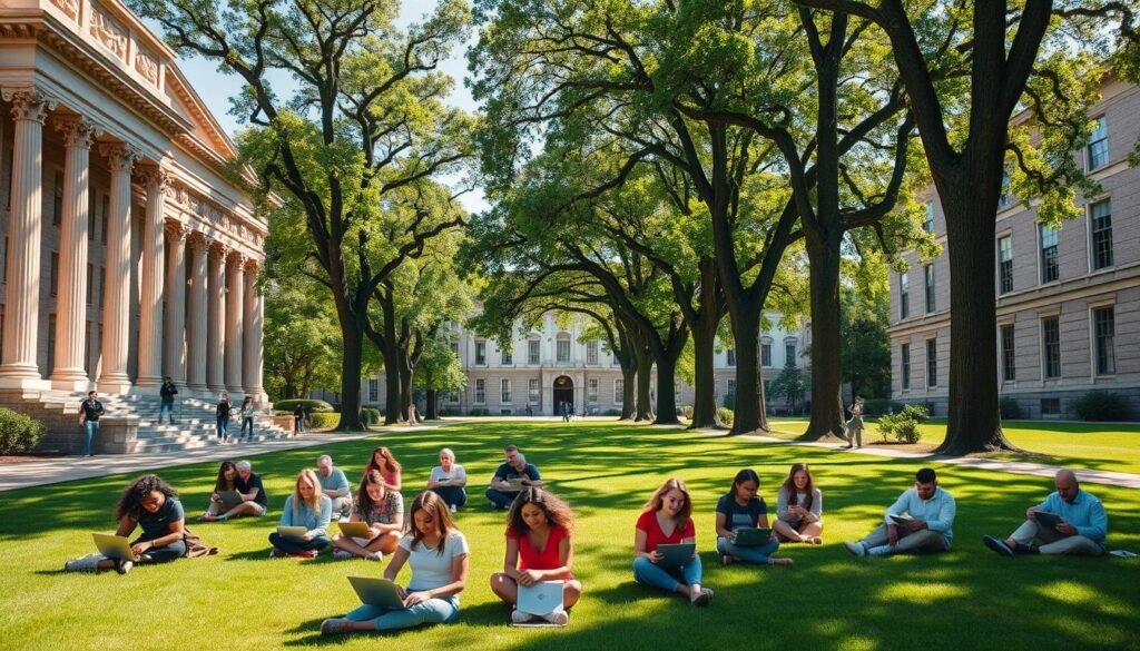 A vast, sun-lit academic campus with grand, neo-classical buildings, their facades adorned with ornate columns and intricate stonework. In the foreground, a group of diverse students sit on lush green lawns, poring over laptops and textbooks, their faces alight with the joy of learning. Tall, mature trees line the pathways, casting dappled shadows across the scene. A sense of intellectual vitality and opportunity permeates the air, inviting the viewer to imagine the transformative power of the scholarships on offer here.
