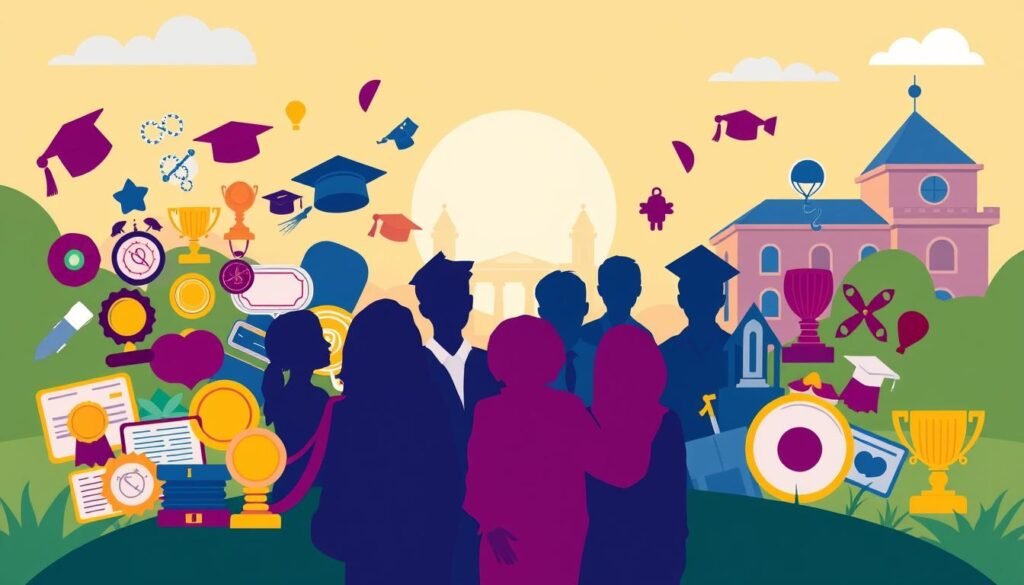 A vibrant and detailed illustration of the main types of merit scholarships. Set against a warm, sunlit backdrop, the foreground features a diverse array of scholarship icons - diplomas, medals, trophies, and more - conveying the academic achievement and recognition associated with merit-based awards. The middle ground showcases silhouettes of students from various backgrounds, representing the diverse recipients of these scholarships. The background subtly hints at the campus setting, with architectural elements and greenery, creating a sense of academic excellence and opportunity. The overall mood is one of inspiration, accomplishment, and the promise of a brighter future through hard work and merit. A vibrant and detailed illustration of the main types of merit scholarships. Set against a warm, sunlit backdrop, the foreground features a diverse array of scholarship icons - diplomas, medals, trophies, and more - conveying the academic achievement and recognition associated with merit-based awards. The middle ground showcases silhouettes of students from various backgrounds, representing the diverse recipients of these scholarships. The background subtly hints at the campus setting, with architectural elements and greenery, creating a sense of academic excellence and opportunity. The overall mood is one of inspiration, accomplishment, and the promise of a brighter future through hard work and merit.