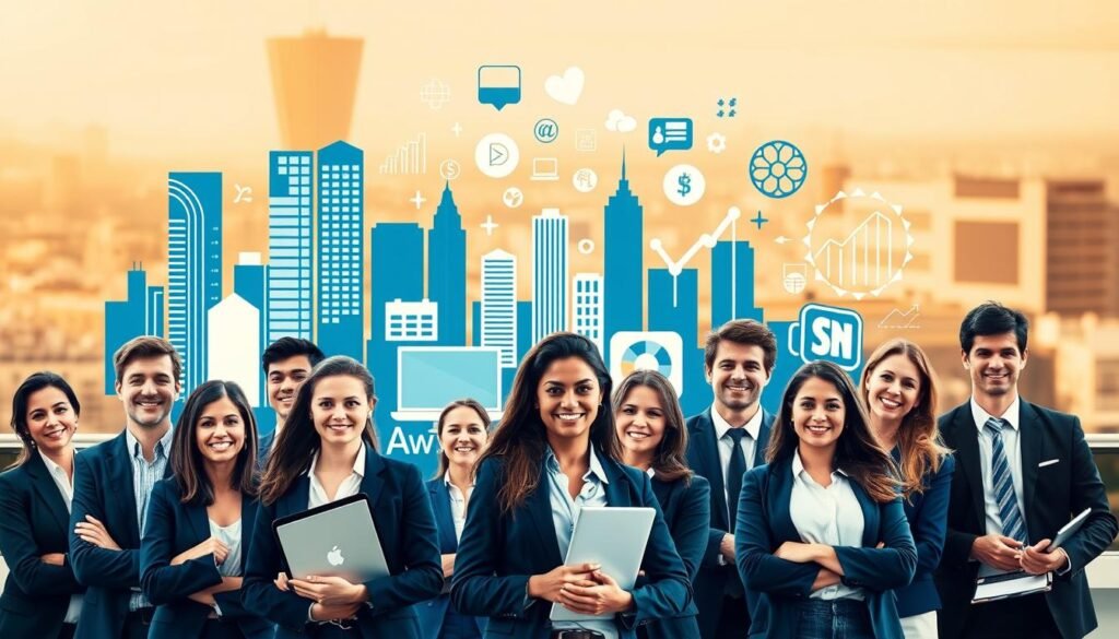 A vibrant and dynamic collage showcasing the top sectors for summer internships for UK graduate students. In the foreground, a diverse group of enthusiastic young professionals in business attire, representing fields like finance, technology, consulting, and marketing. In the middle ground, striking icons and symbols associated with these industries - skyscrapers, laptops, graphs, and more. The background features a soft, blurred cityscape, hinting at the urban centers where these opportunities abound. Warm, golden lighting creates an atmosphere of opportunity and potential, while a crisp, clean composition emphasizes the professional and aspirational nature of the scene.