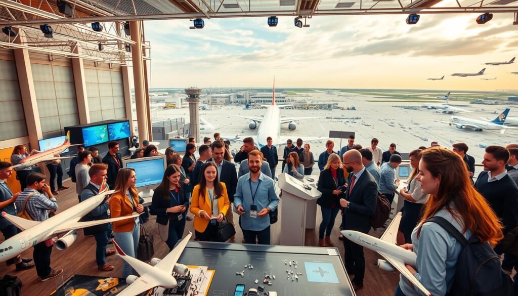A vibrant and dynamic scene of aviation placements, captured through the lens of a wide-angle camera. In the foreground, a group of eager graduates engage in a hands-on demonstration, surrounded by sleek aircraft models and aerospace equipment. The middle ground showcases an array of interactive displays and informative panels, inviting visitors to explore the diverse career opportunities within the aviation industry. In the background, a panoramic view of a modern airport terminal, with towering control towers and the distant silhouettes of commercial airliners, creating a sense of scale and the vast potential of the aviation industry. Warm, diffused lighting enhances the professional and aspirational atmosphere, capturing the excitement and promise of these sought-after summer placements.